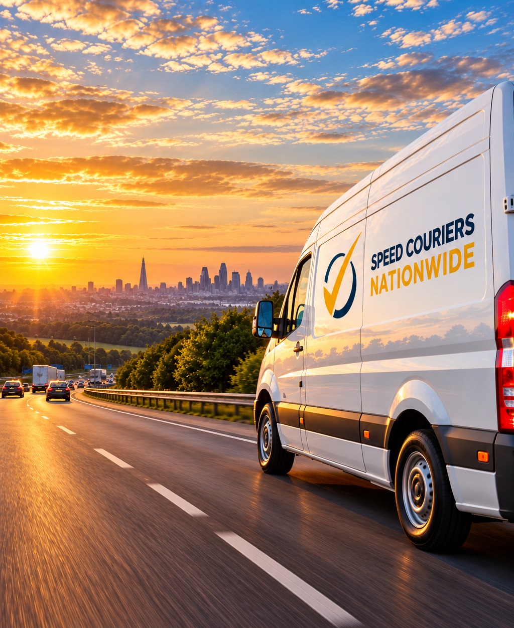 Speed Couriers Nationwide branded van on a British motorway with London skyline in the distance